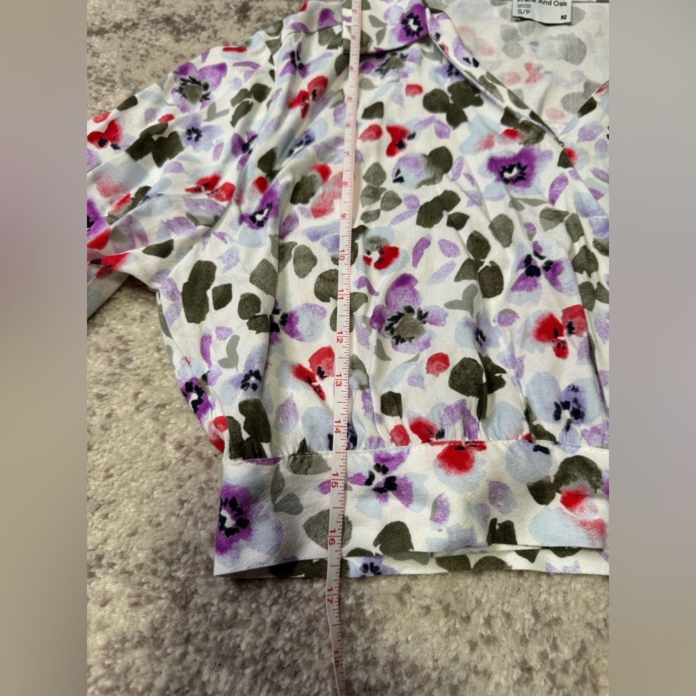 Frank & Oak Floral Tie-Front Blouse - White and Purple, green - size small - Picture 13 of 13